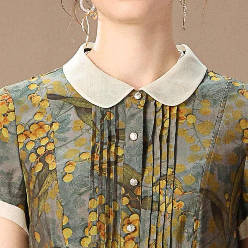 FENHONGMALI Short Sleeved Dress Women's Yellow Floral-4