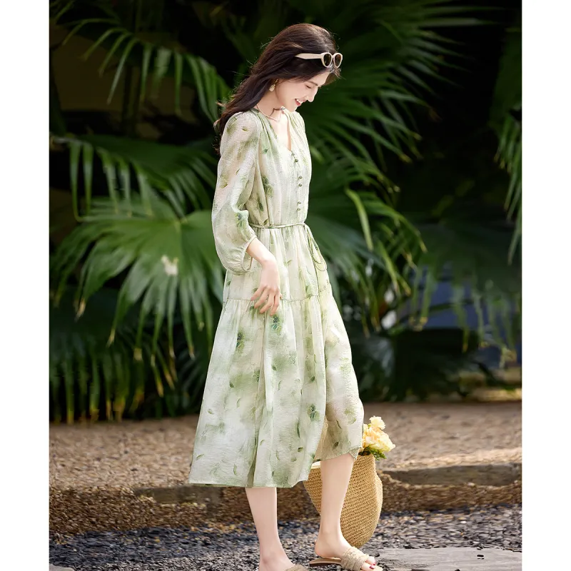 Still Quiet Long Sleeved Dress Women's Green-4