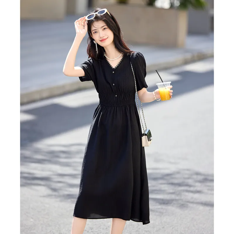 Still Quiet Short Sleeved Dress Women's Elegant Black-4