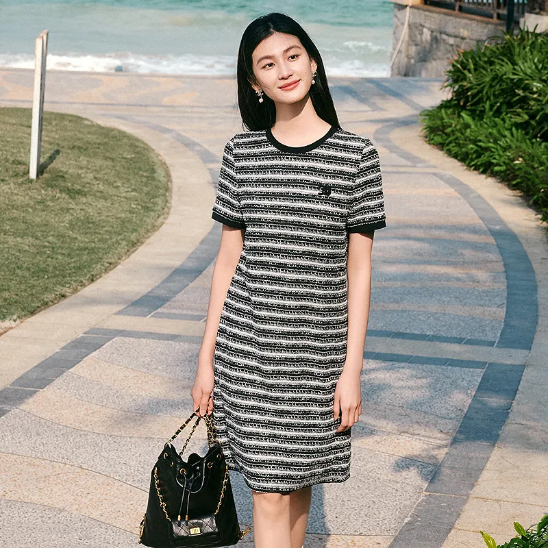 JZ. ANNAKRO Long Sleeved Dress Women's Black White Stripes-4
