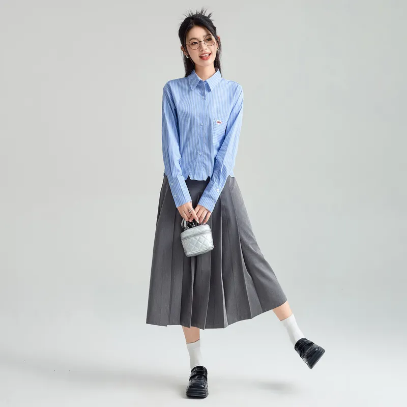 FAWENXIANGZI Spring, Fall Shirt Regular Women's Light Blue Stripes-3