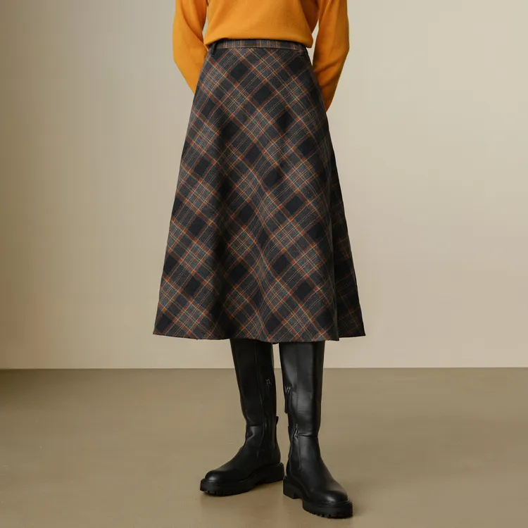 JZ. ANNAKRO Casual Long Skirts Women's Plaid Yellow Green-5