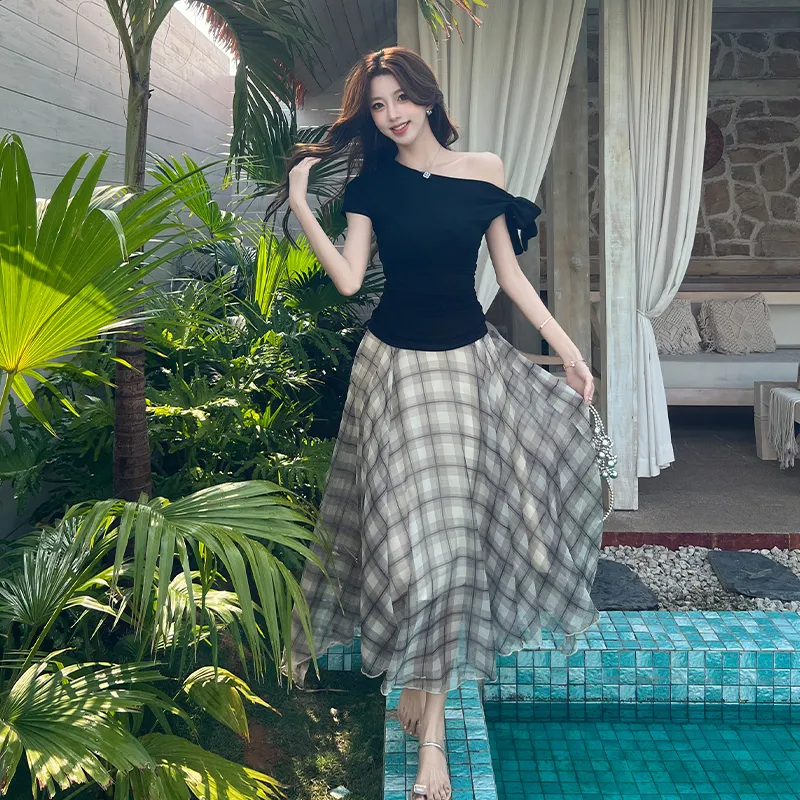 SNZX Casual Long Skirts Women's Plaid-1