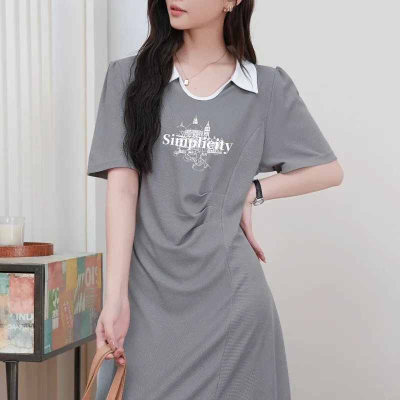 FAWENXIANGZI Short Sleeved Dress Cinched Waist Women's Light Gray-4