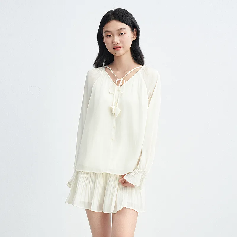 LEDIN Chiffon Shirt Women's Cream Beige-5