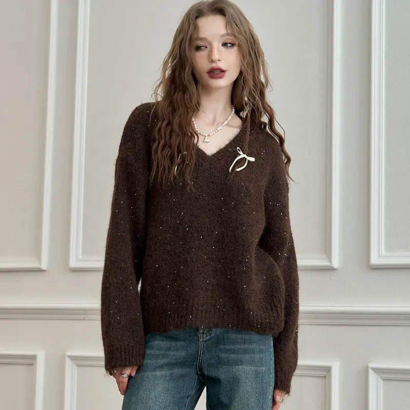 ELF SACK Fuzzy V Neck Pullover Sweater With Fine Sparkle Women's-3