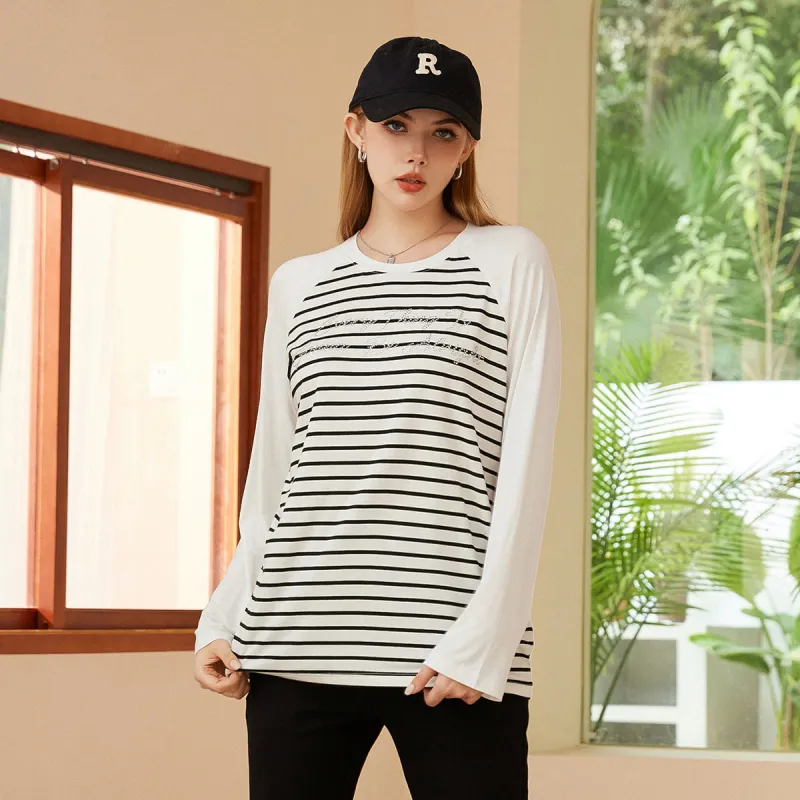 FAWENXIANGZI T Shirt Women's Ecru/Black Stripe-4