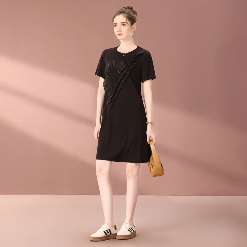 FENHONGMALI Short Sleeved Dress Loose Fit Women's Black-1