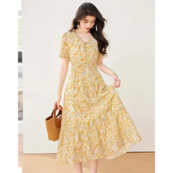 Like The Age Of Water Short Sleeved Dress Women's Yellow
