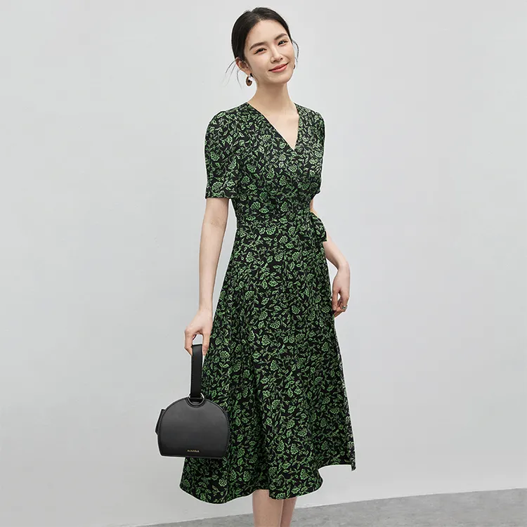 SENTUBILA Short Sleeved Dresses Women's Black With Green Floral-3