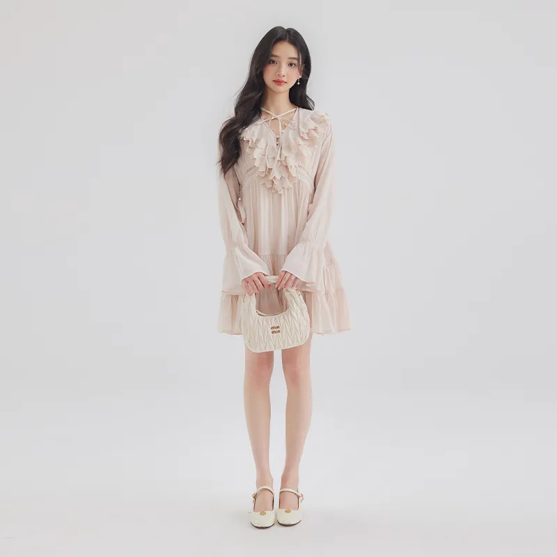 DEAR DEER PUFF Long Sleeved Dress Women's Pink-4