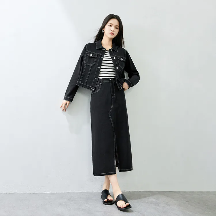 SENTUBILA Two Piece Skirt Sets Women's Denim Black-3