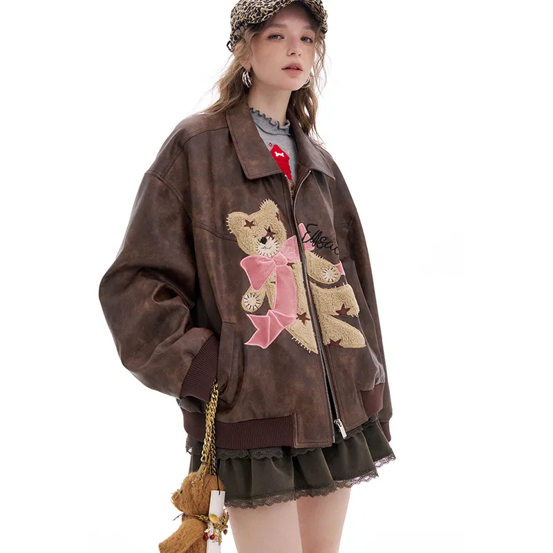 ELF SACK Leather Jacket Women's Bear Coffee-4