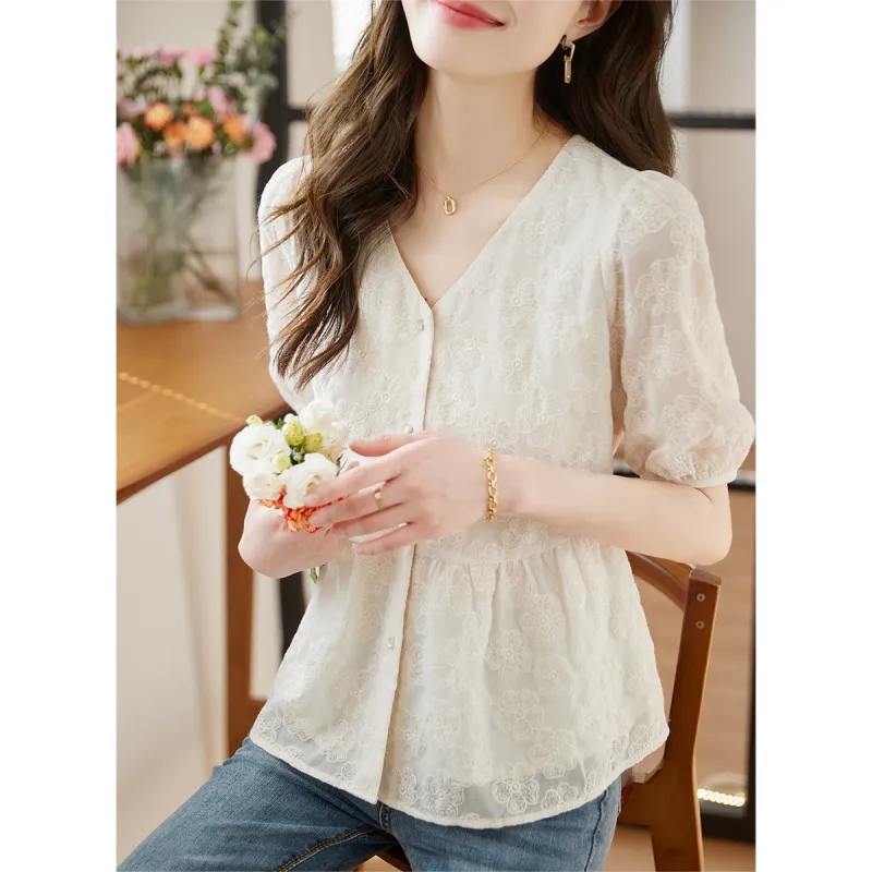 Still Quiet Sheer V Neck Refined Embroidery Shirt Women's-2