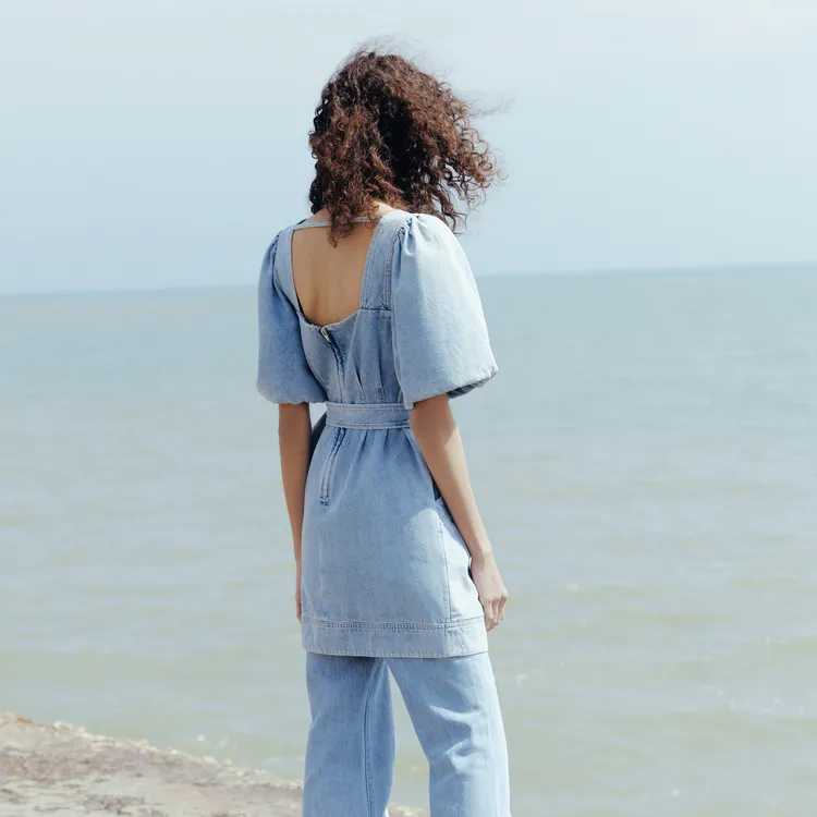 MO&CO Short Sleeved Dresses Women's Denim Light Blue-2