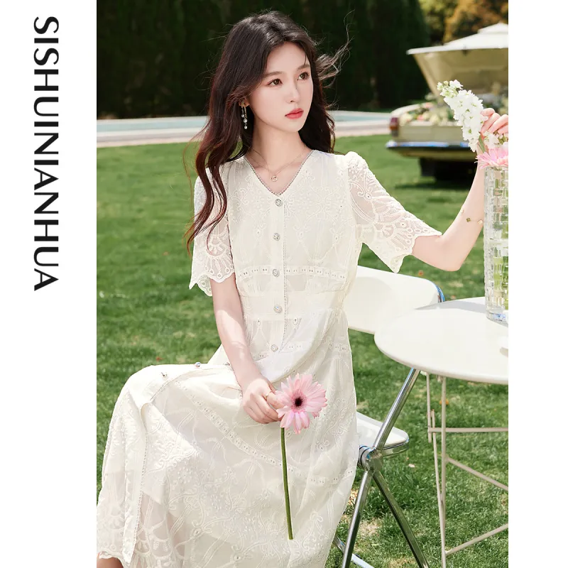 Like The Age Of Water Summer Short Sleeved Dress Women's White-3