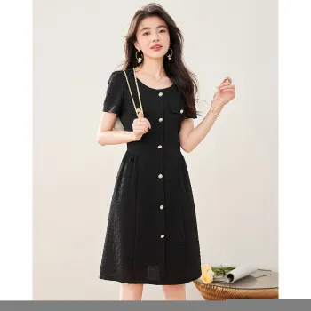 Like The Age Of Water Short Sleeved Dress Cinched Waist Women's Black