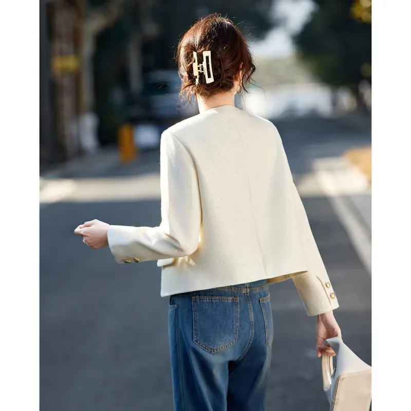 TERRE BLEUE Spring Fall Cropped Coats Loose Fit Women's Beige-8