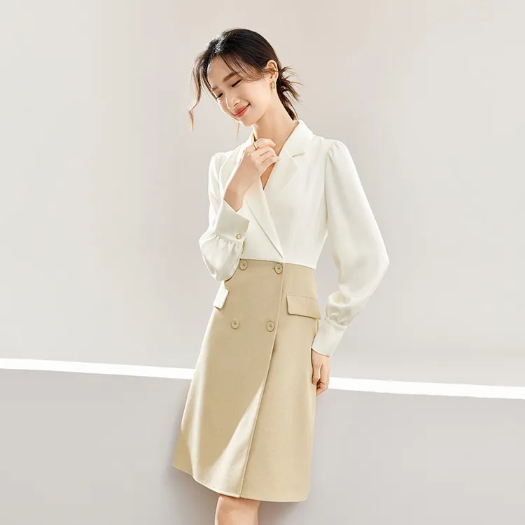SENTUBILA Long Sleeved Dresses Women's White & Khaki-3