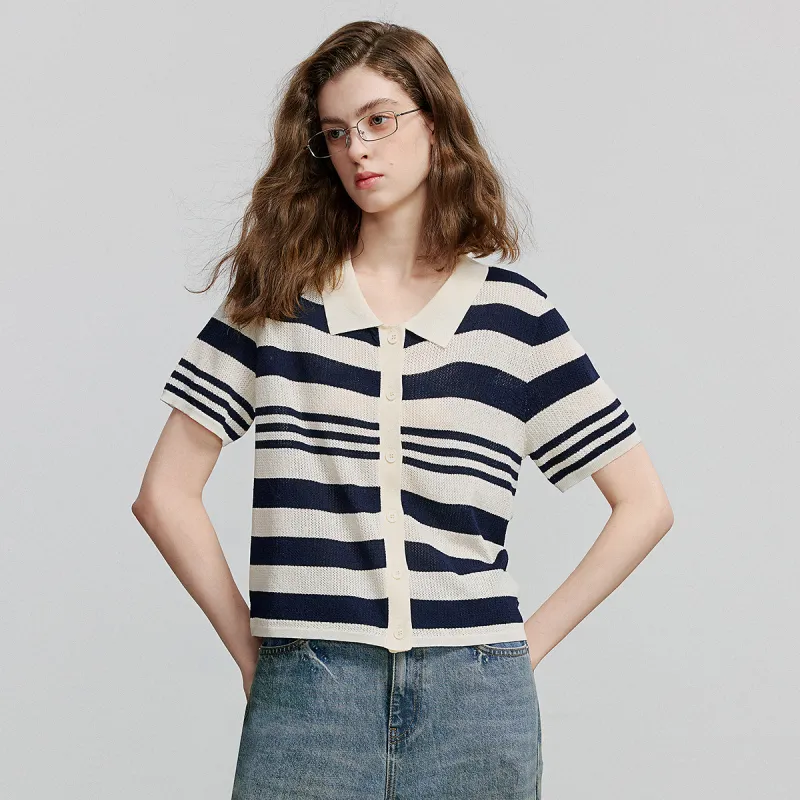 Initial Language Knitwear Women's Navy Blue Ecru Stripes-2