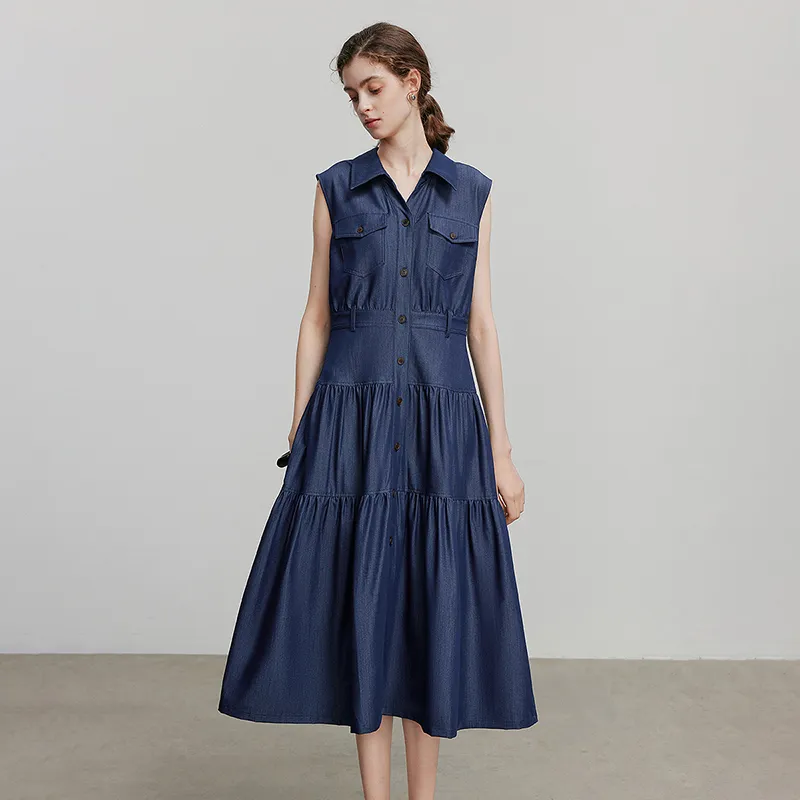 Initial Language Sleeveless Dress Women's Dark Denim Blue-1