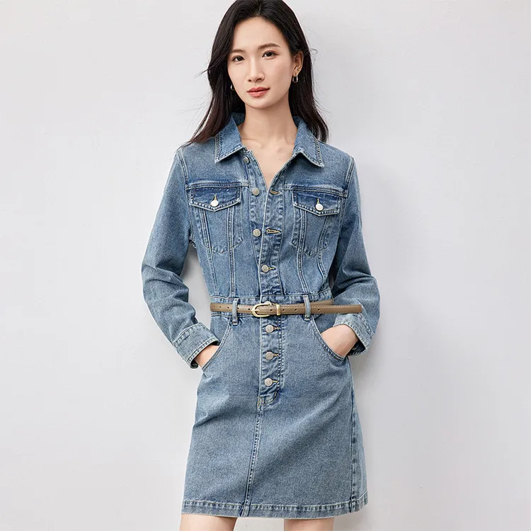 SENTUBILA Long Sleeved Dresses Women's Denim Blue-3