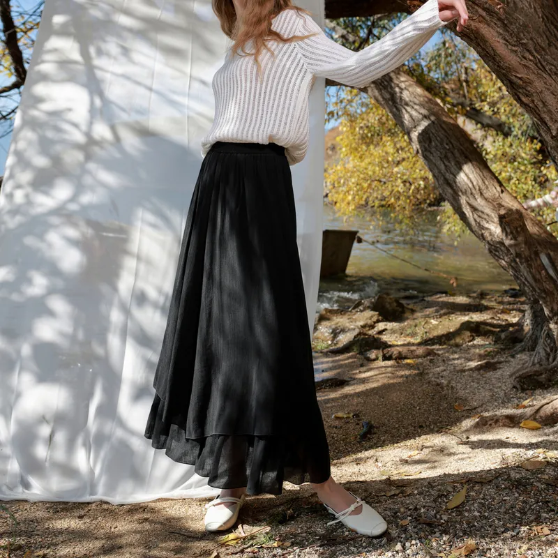 3COLOUR Casual Long Skirt Women's Classic Black-4