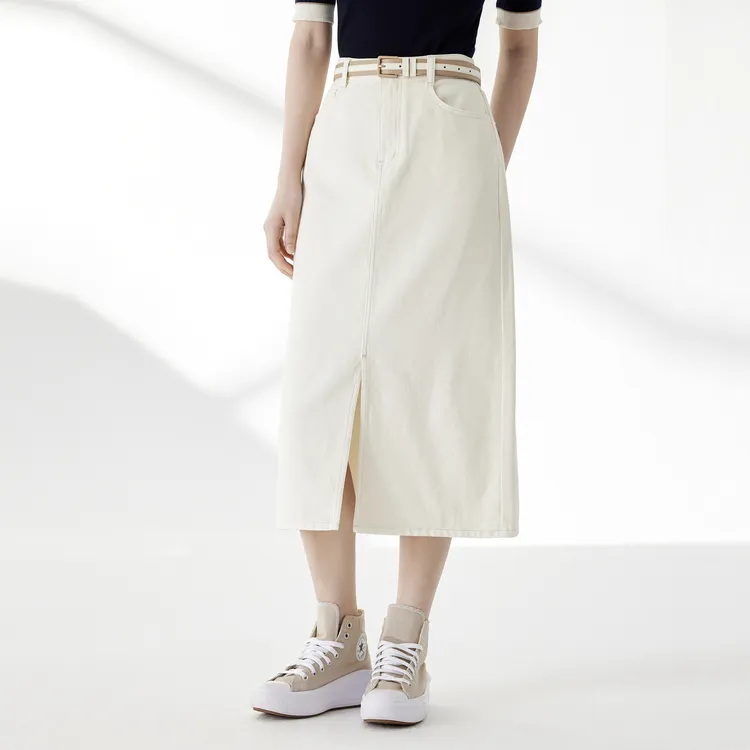 SHUIYUNJIAN Denim Long Skirt Women's Ivory White-2