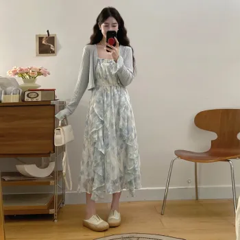 XIANSINIAO Two Piece Skirt Sets Women's Blue Cardigan+Dress