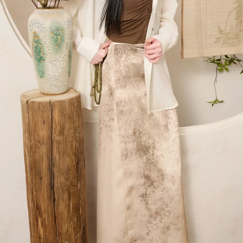 3COLOUR Casual Long Skirt Women's Khaki-4