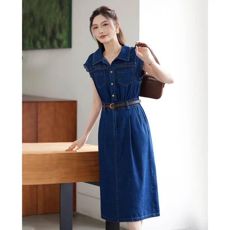 TERRE BLEUE Short Sleeved Dress Loose Fit Women's Dark Blue-2