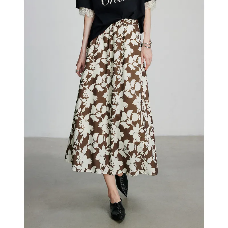 Initial Language Casual Long Skirts Women's White Coffee Flower-5