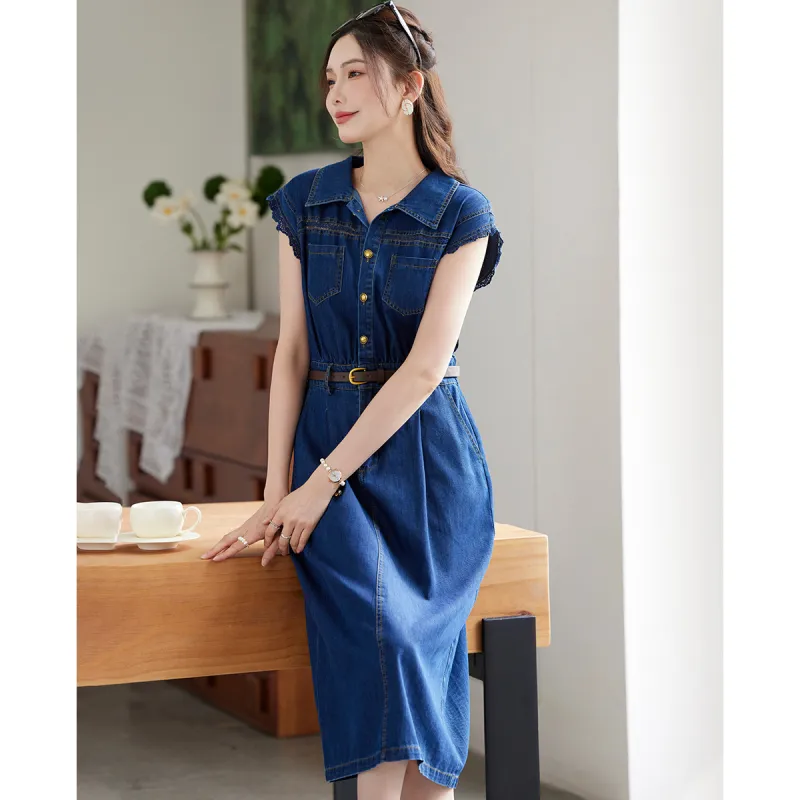 TERRE BLEUE Short Sleeved Dress Loose Fit Women's Dark Blue-4