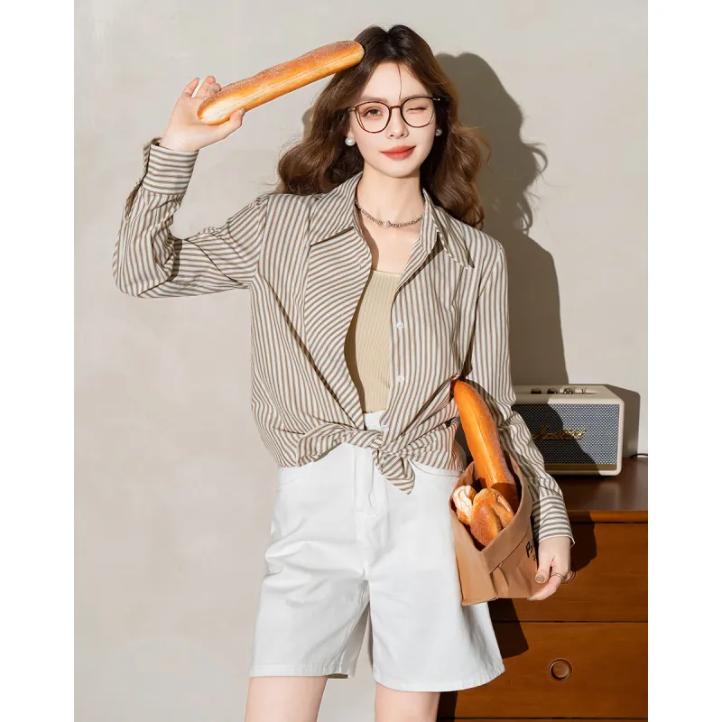 FAWENXIANGZI Shirts Women's Khaki Stripes-3