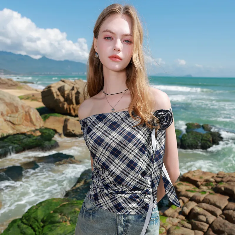 3COLOUR T Shirt Women's Navy Blue Plaid-5