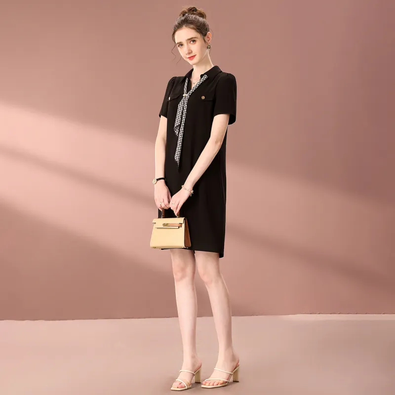 FENHONGMALI Spring, Summer, Fall Short Sleeved Dress Loose Fit Women's Black-2