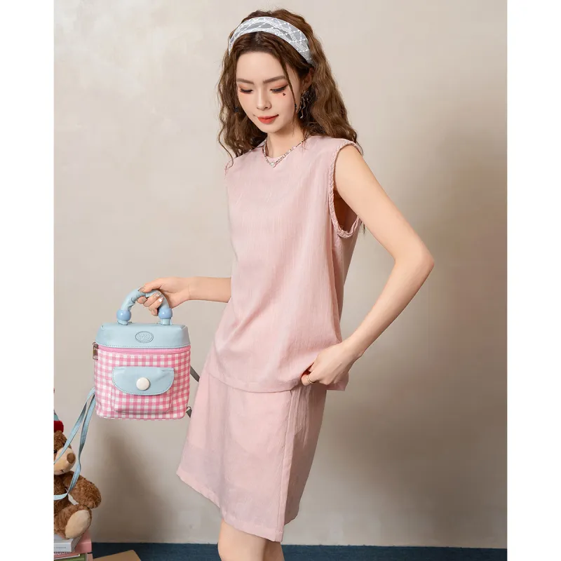 FAWENXIANGZI Two Piece Skirt Sets Women's Pink-5