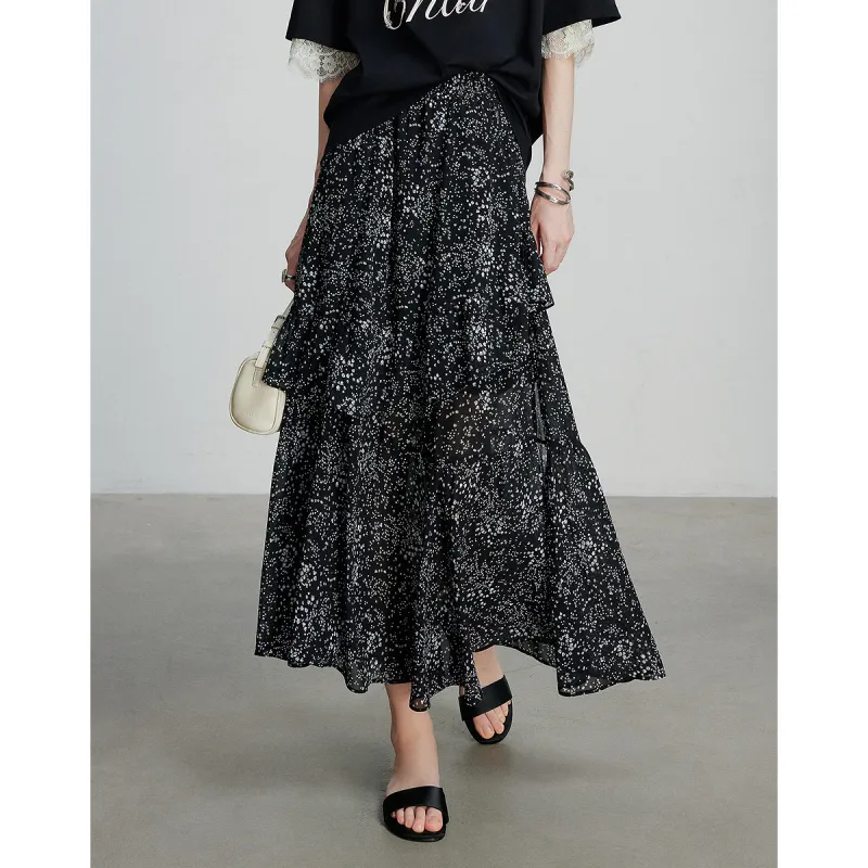 Initial Language Casual Long Skirt Women's Black With White Floral-5