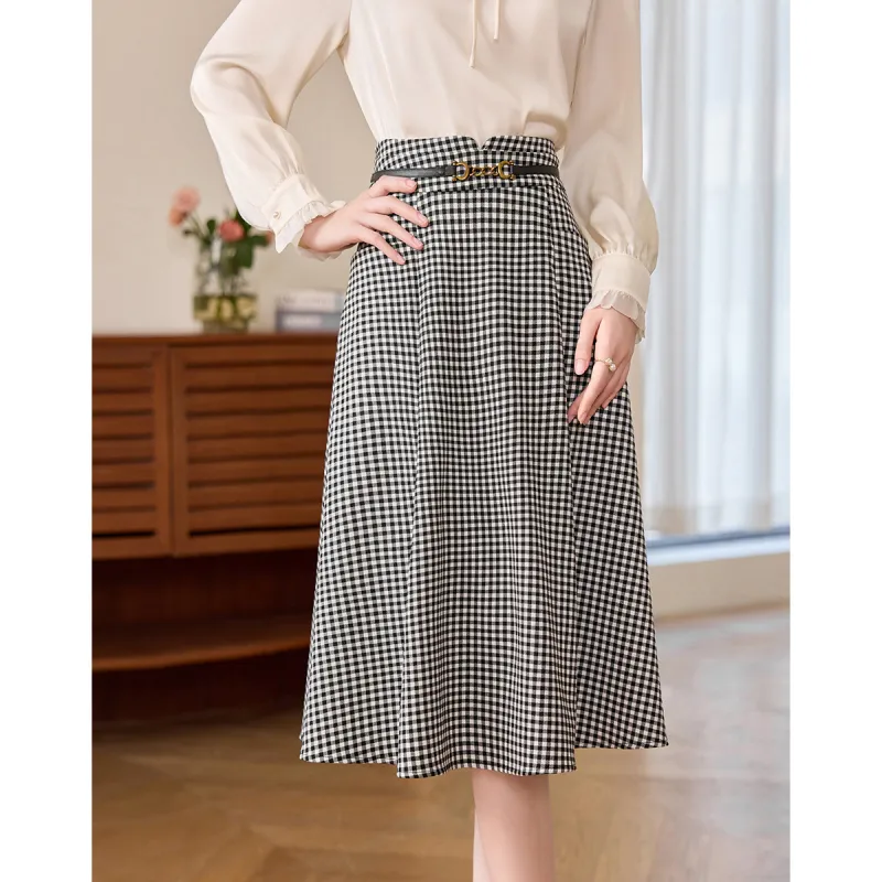 Like The Age Of Water Casual Long Skirt Women's Black Plaid-4
