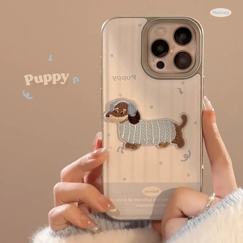 QIZHENG ABS+PC Material Milk Blue Cute Embroidery Puppy Phone Case Compatible With Apple 16 Pro Max/15/14/13/12/11-4