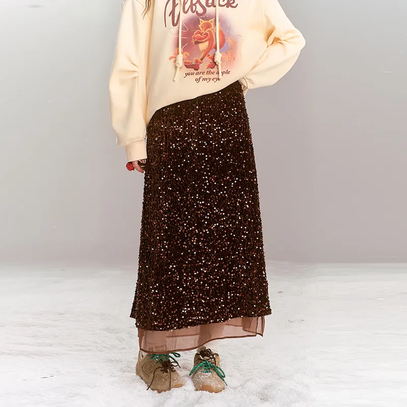 ELF SACK Heavy-Duty Glitter High-Rise Straight Fit Skirt Women's-7