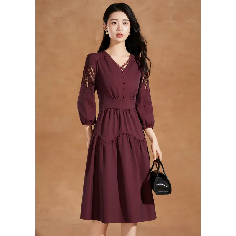 Mylan Spring, Fall Long Sleeved Dress Cinched Waist Women's Fuchsia-3