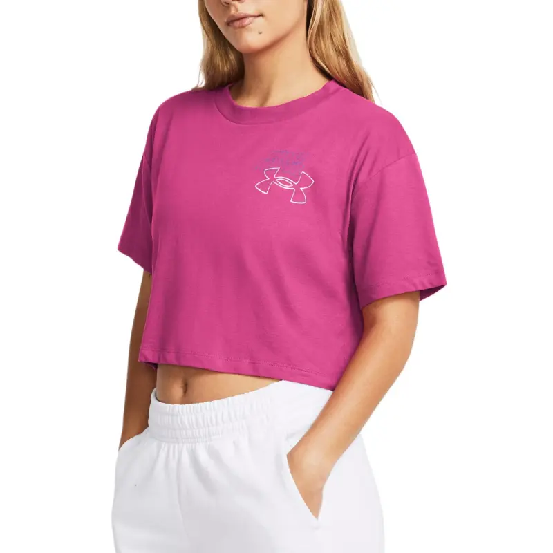 Under Armour Bubble Script Drop Shoulder Sleeve T Shirt Women's Sky Pink-2