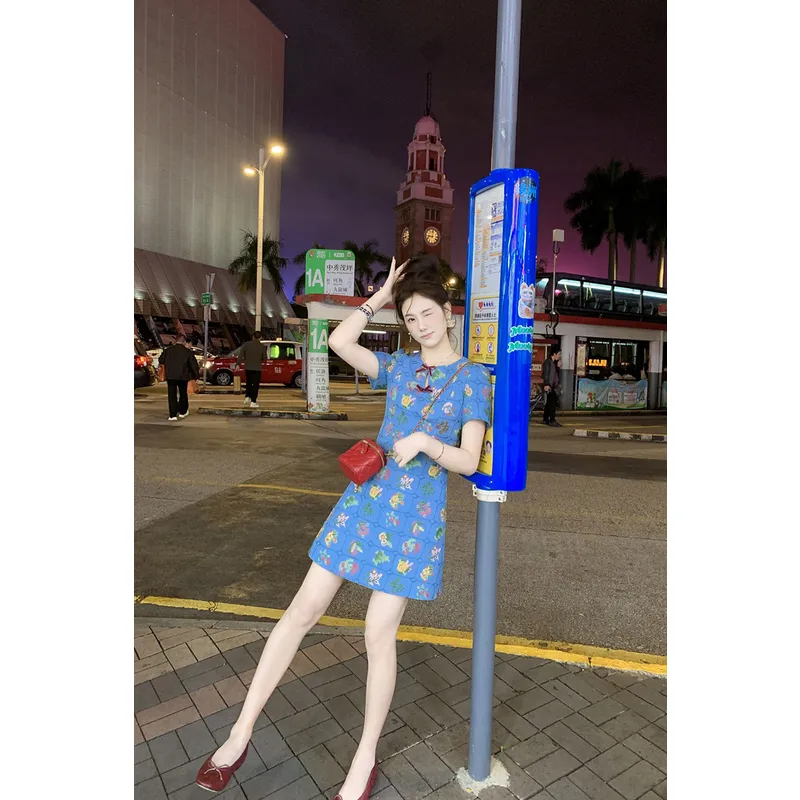 Fish Rabbits Short Sleeved Dress Women's Blue-4