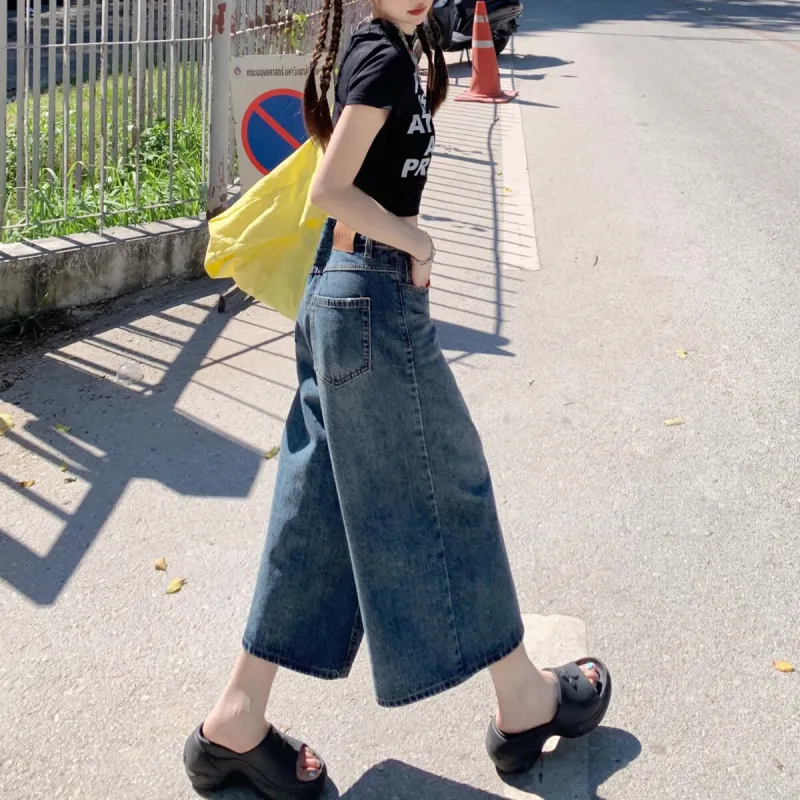 ZNZX Universal For All Seasons Casual Pants Loose Fit Women's Vintage Blue Calf Length-4