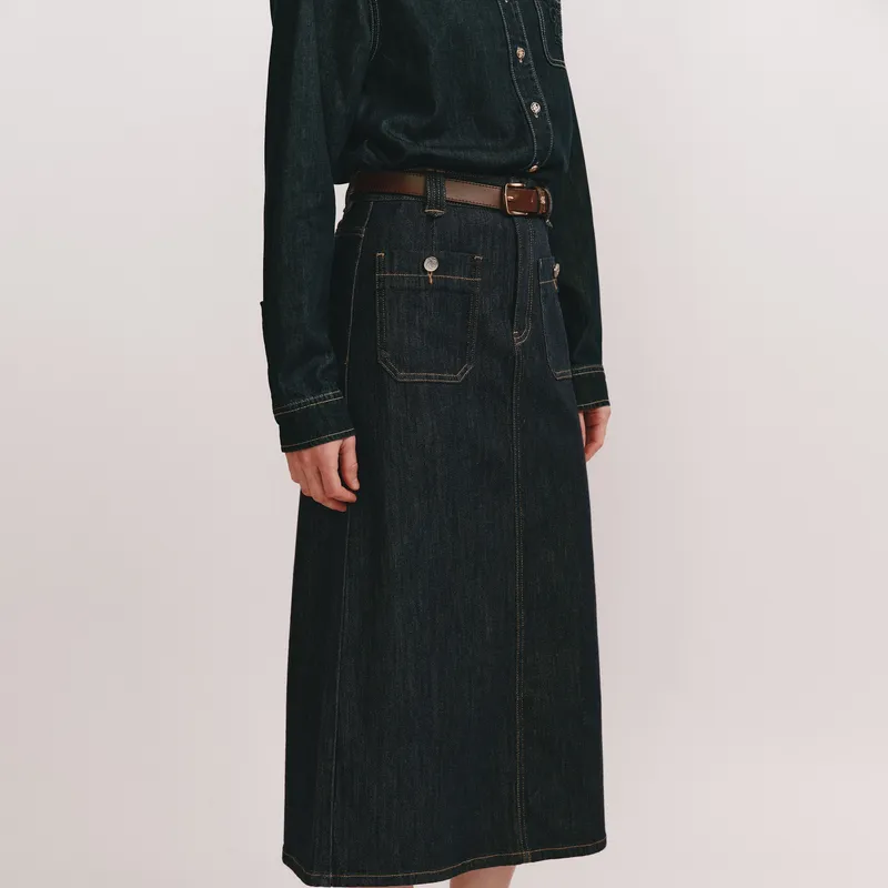 E.land Casual Long Skirt Women's Dark Denim-2