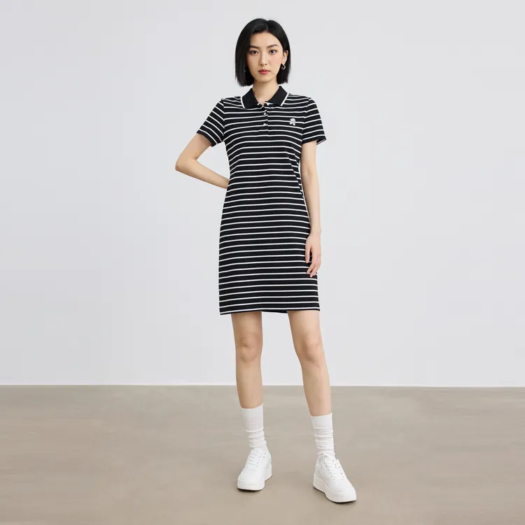 SHUIYUNJIAN Short Sleeved Dress Women's Black Stripes-4