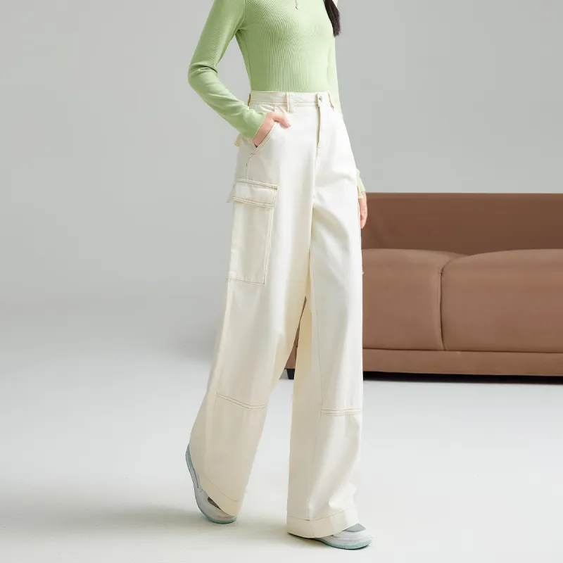 FAWENXIANGZI Spring, Fall, Winter Casual Pants Loose Fit Women's Ecru-3