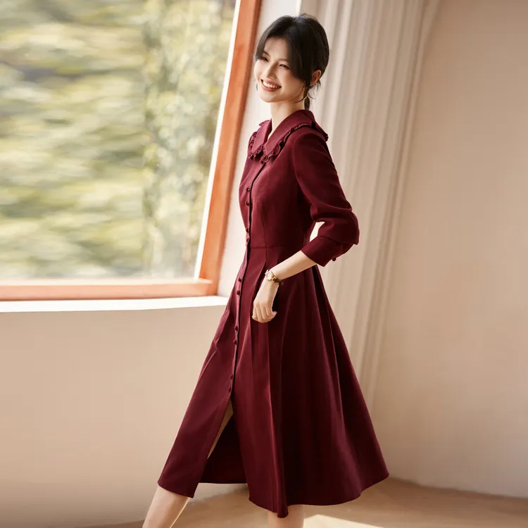 Still Quiet Long Sleeved Dress Women's Red-4