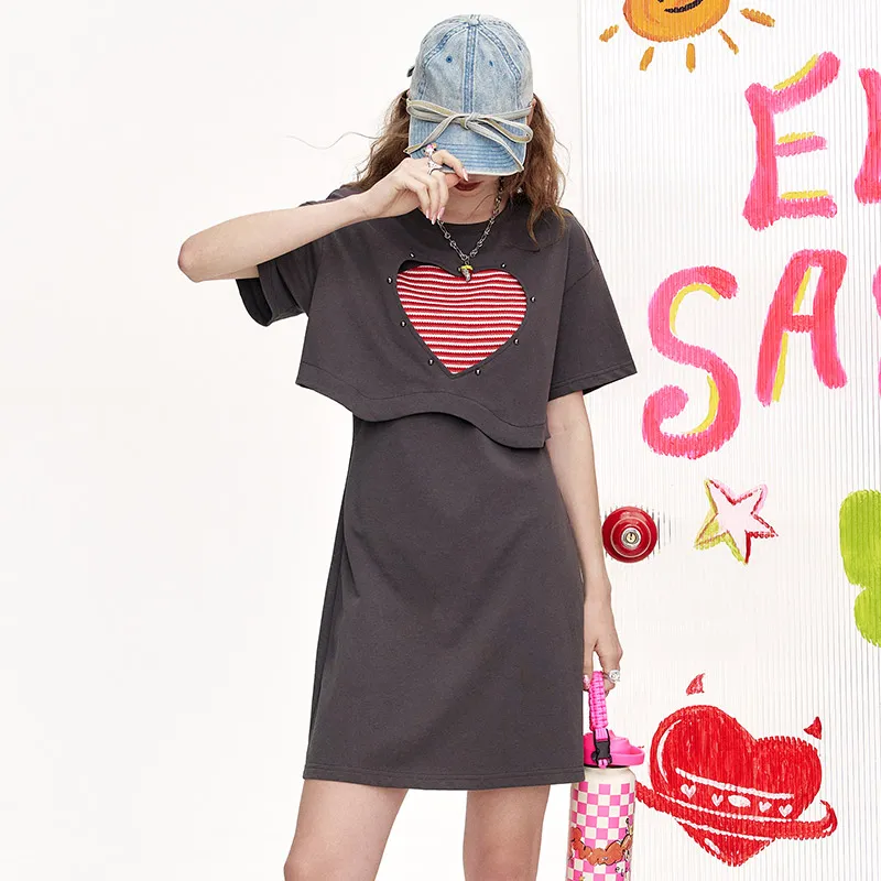 ELF SACK Short Sleeved Dress Women's Heart Gray-2